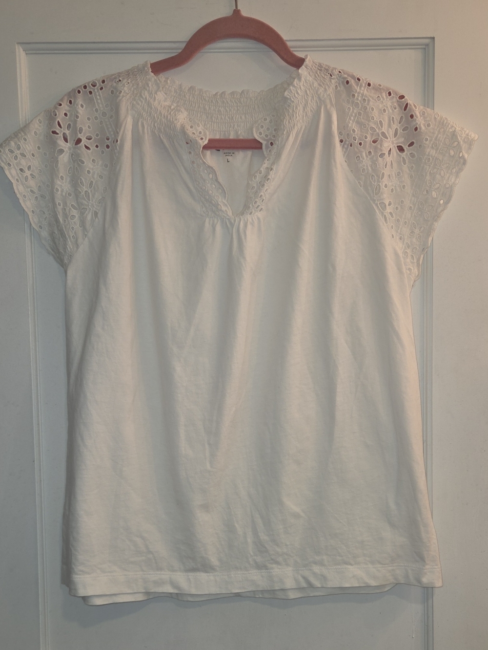 LOFT White Eyelet-Sleeve Cotton Tee